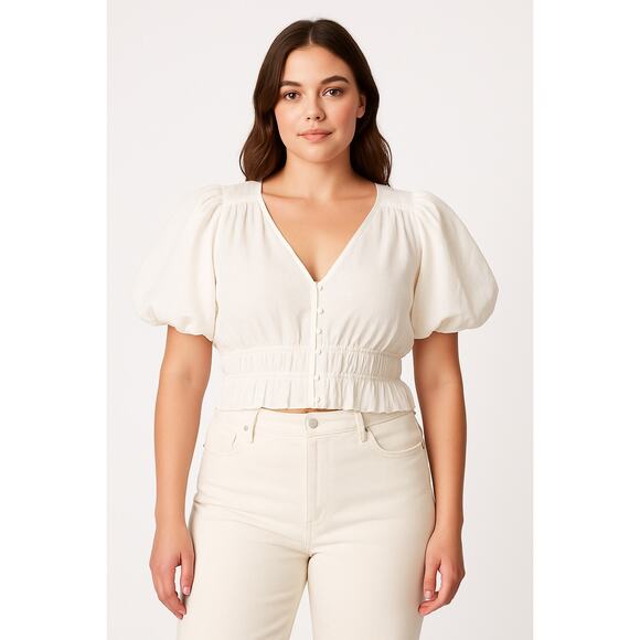 Marc New York White Linen Blend Cropped Ruched Top Balloon Sleeve Blouse Size L - Picture 1 of 7